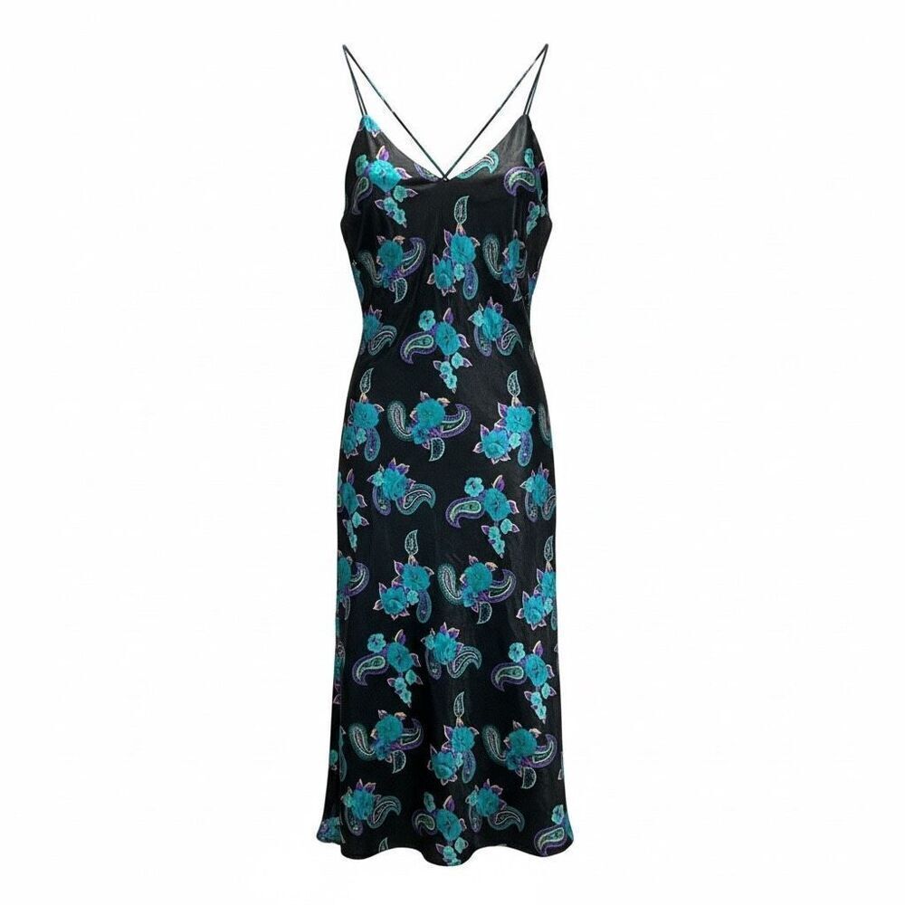 Y2K Romantic 90's CIRCA 2000 Black Floral Satin Slip Dress Women's L Made USA